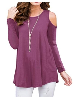 PrinStory Women's Long Sleeve Casual Cold Shoulder Tunic Tops Loose Blouse Shirts