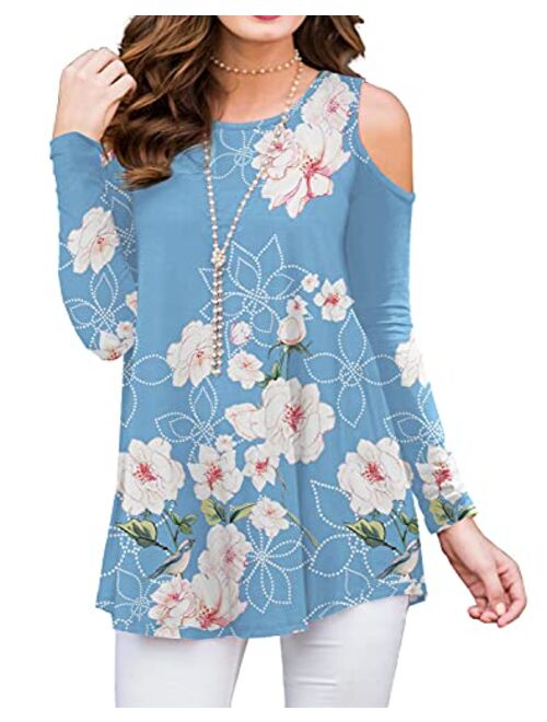 PrinStory Women's Long Sleeve Casual Cold Shoulder Tunic Tops Loose Blouse Shirts