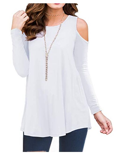 PrinStory Women's Long Sleeve Casual Cold Shoulder Tunic Tops Loose Blouse Shirts