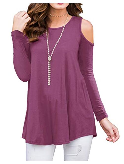 PrinStory Women's Long Sleeve Casual Cold Shoulder Tunic Tops Loose Blouse Shirts