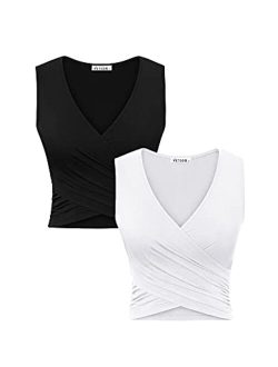 VETIOR Women's Deep V Neck Short Sleeve Unique Slim Fit Cross Wrap Shirts Crop Tops