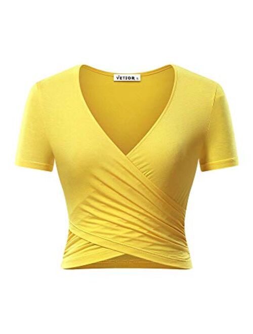 VETIOR Women's Deep V Neck Short Sleeve Unique Slim Fit Cross Wrap Shirts Crop Tops