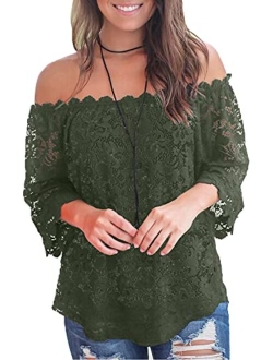 MIHOLL Women's Lace Off Shoulder Tops Casual Loose Blouse Shirts