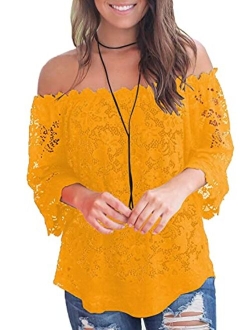 MIHOLL Women's Lace Off Shoulder Tops Casual Loose Blouse Shirts