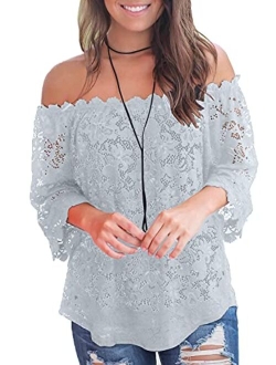 MIHOLL Women's Lace Off Shoulder Tops Casual Loose Blouse Shirts