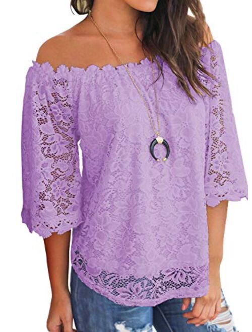 MIHOLL Women's Lace Off Shoulder Tops Casual Loose Blouse Shirts