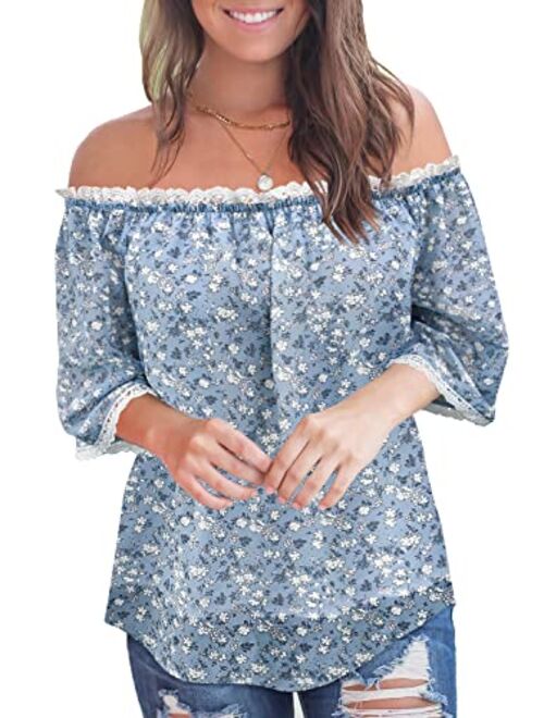 MIHOLL Women's Lace Off Shoulder Tops Casual Loose Blouse Shirts