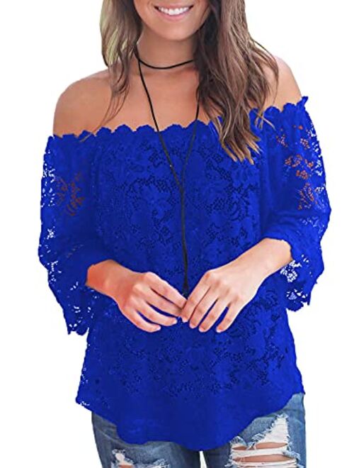 MIHOLL Women's Lace Off Shoulder Tops Casual Loose Blouse Shirts