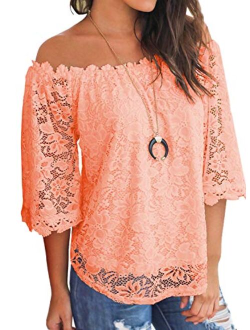 MIHOLL Women's Lace Off Shoulder Tops Casual Loose Blouse Shirts