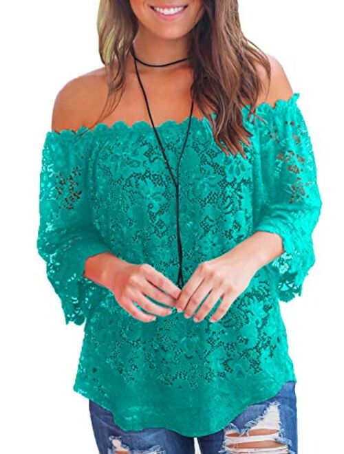 MIHOLL Women's Lace Off Shoulder Tops Casual Loose Blouse Shirts