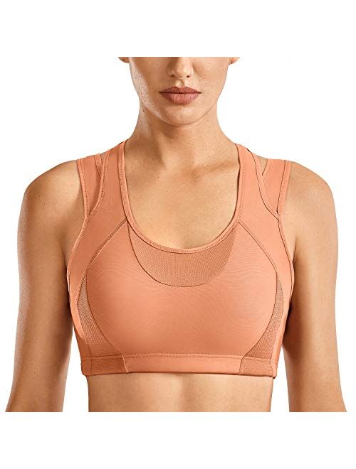 SYROKAN Women's Workout Sports Bra High Impact Support Bounce Control Wirefree Mesh Racerback Top