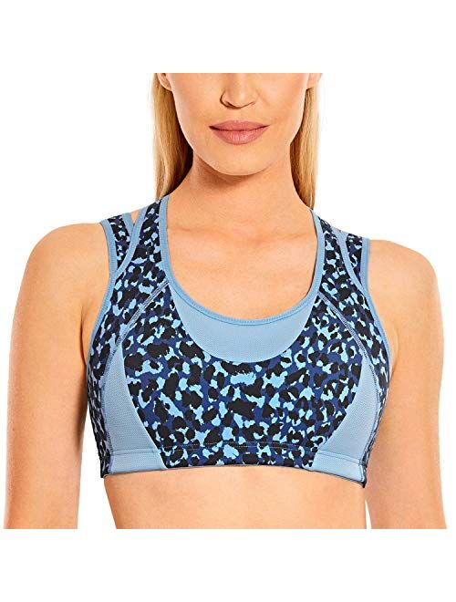 SYROKAN Women's Workout Sports Bra High Impact Support Bounce Control Wirefree Mesh Racerback Top