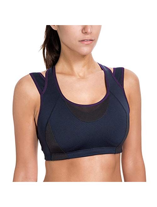 SYROKAN Women's Workout Sports Bra High Impact Support Bounce Control Wirefree Mesh Racerback Top