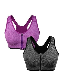 WANAYOU Women's Zip Front Sports Bra Wireless Post-Surgery Bra Active Yoga Sports Bras