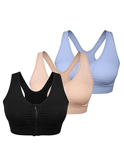 WANAYOU Women's Zip Front Sports Bra Wireless Post-Surgery Bra Active Yoga Sports Bras