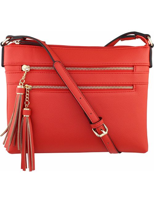 B BRENTANO Vegan Multi-Zipper Crossbody Handbag Purse with Tassel Accents