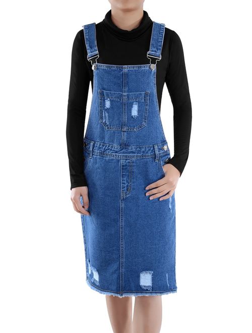 Anna Kaci Anna-Kaci Junior Womens Distressed Denim Adjustable Strap Overall Dress