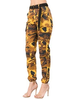 TwiinSisters Women's High Waist Slim Fit Jogger Cargo Camo Pants for Women with Matching Belt