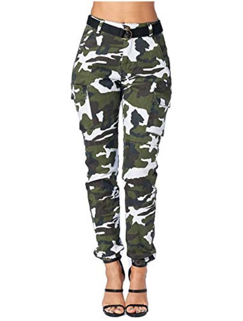 TwiinSisters Women's High Waist Slim Fit Jogger Cargo Camo Pants for Women with Matching Belt