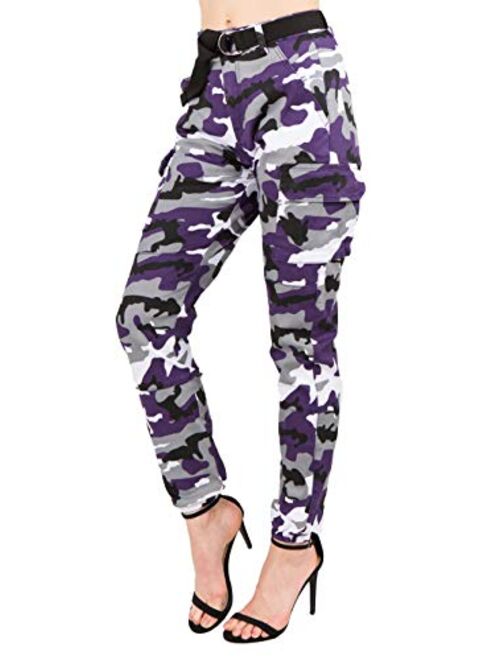 TwiinSisters Women's High Waist Slim Fit Jogger Cargo Camo Pants for Women with Matching Belt