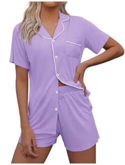 Pajamas Set Short Sleeve Sleepwear Womens Button Down Nightwear Soft Pj Lounge Sets XS-XXL