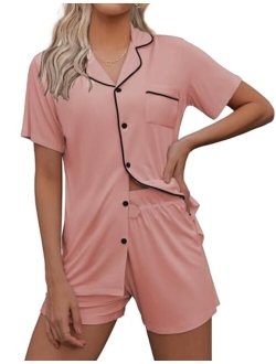 Pajamas Set Short Sleeve Sleepwear Womens Button Down Nightwear Soft Pj Lounge Sets XS-XXL