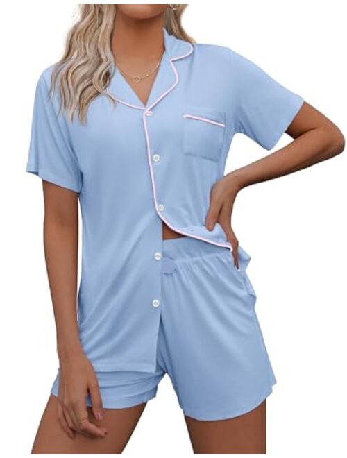 Ekouaer Pajamas Set Short Sleeve Sleepwear Womens Button Down Nightwear Soft Pj Lounge Sets XS-XXL