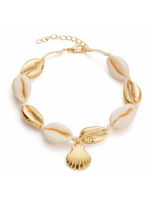 Fesciory Puka Shell Anklet for Women Summer Natural Cowrie Adjustable Ankle Bracelet, Handmade Boho Hawaiian Beach Seashell Jewelry for Girls