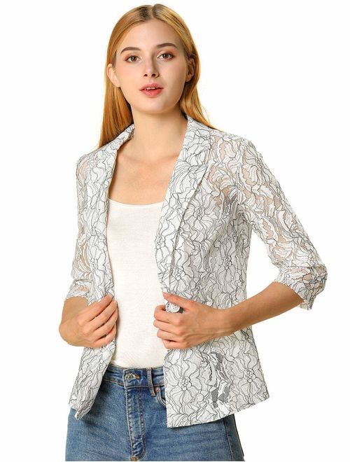 Allegra K Women's 3/4 Sleeves Notched Lapel One-Button Cardigan Lace Blazer