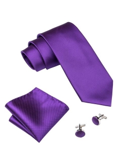 Barry.Wang Solid Colors Men Ties Handkerchief Cufflinks Necktie Set for Wedding Business