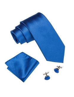 Barry.Wang Solid Colors Men Ties Handkerchief Cufflinks Necktie Set for Wedding Business