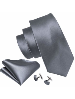 Barry.Wang Solid Colors Men Ties Handkerchief Cufflinks Necktie Set for Wedding Business