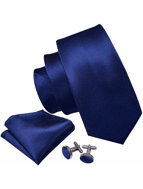 Barry.Wang Solid Colors Men Ties Handkerchief Cufflinks Necktie Set for Wedding Business