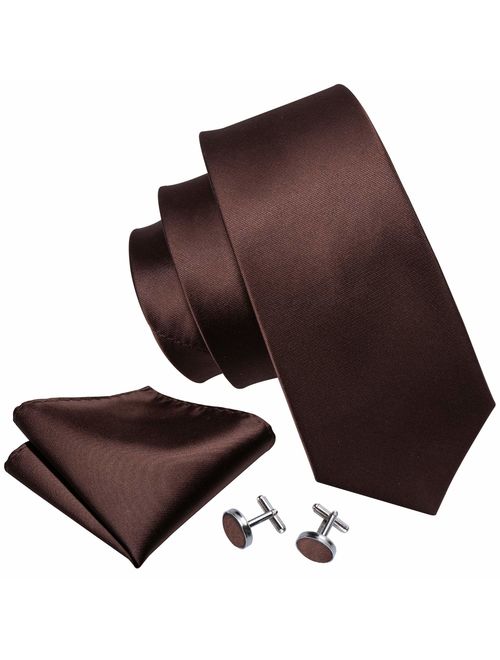 Barry.Wang Solid Colors Men Ties Handkerchief Cufflinks Necktie Set for Wedding Business