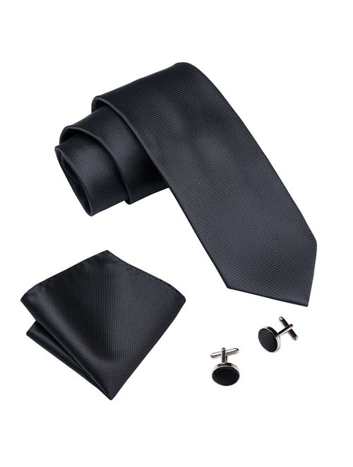 Barry.Wang Solid Colors Men Ties Handkerchief Cufflinks Necktie Set for Wedding Business