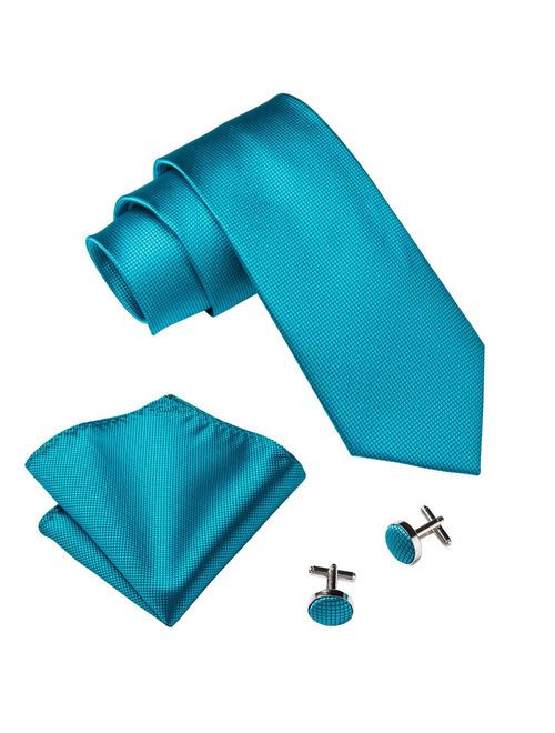 Barry.Wang Solid Colors Men Ties Handkerchief Cufflinks Necktie Set for Wedding Business