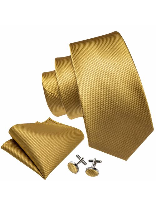 Barry.Wang Solid Colors Men Ties Handkerchief Cufflinks Necktie Set for Wedding Business