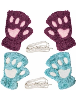 Loritta 2 Pairs Womens Cat Paw Gloves Winter Plush Faux Fur Cute Kitten Fingerless Mittens