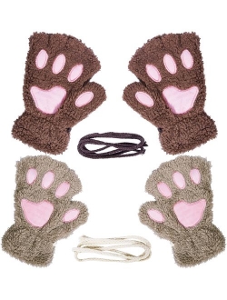 Loritta 2 Pairs Womens Cat Paw Gloves Winter Plush Faux Fur Cute Kitten Fingerless Mittens