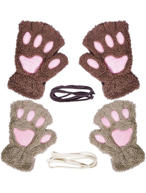 Loritta 2 Pairs Womens Cat Paw Gloves Winter Plush Faux Fur Cute Kitten Fingerless Mittens