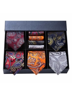 Men's Necktie Collections, Lot 5 PCS Classic Men's Silk Tie Set Necktie & Pocket Square with Gift Box