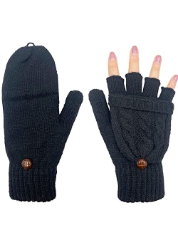 Beurlike Women's Winter Gloves Warm Wool Knitted Convertible Fingerless Mittens