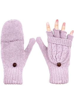 Beurlike Women's Winter Gloves Warm Wool Knitted Convertible Fingerless Mittens