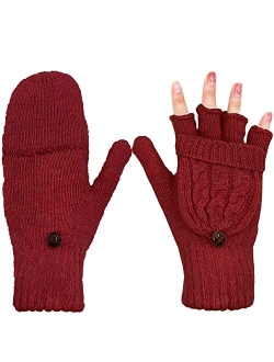 Beurlike Women's Winter Gloves Warm Wool Knitted Convertible Fingerless Mittens