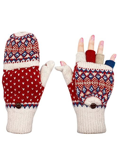 Beurlike Women's Winter Gloves Warm Wool Knitted Convertible Fingerless Mittens