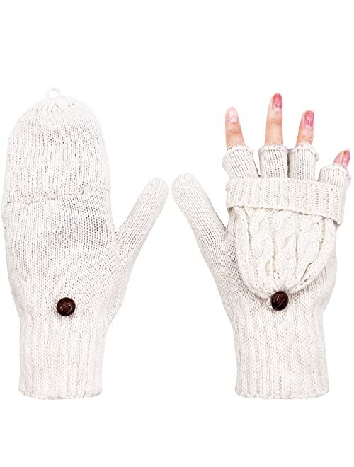 Beurlike Women's Winter Gloves Warm Wool Knitted Convertible Fingerless Mittens