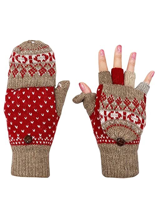 Beurlike Women's Winter Gloves Warm Wool Knitted Convertible Fingerless Mittens