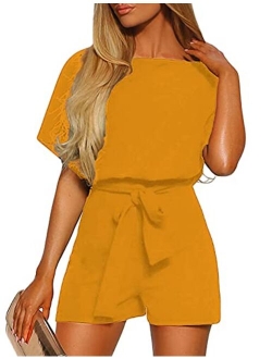 Vetinee Womens Summer Belted Romper Keywhole Back Short Sleeve Jumpsuit Playsuit