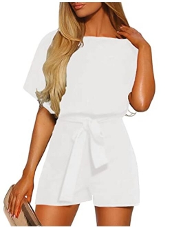 Vetinee Womens Summer Belted Romper Keywhole Back Short Sleeve Jumpsuit Playsuit