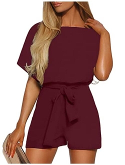 Vetinee Womens Summer Belted Romper Keywhole Back Short Sleeve Jumpsuit Playsuit